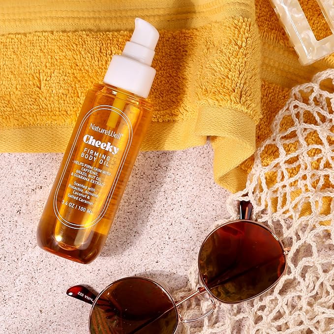 NATURE WELL Cheeky Firming Body Oil & Body Cream Bundle, Luxuriously Glowy, Fast-Absorbing, Designed to Nourish, Firm & Smooth Skin, Scented with Pistachio, Almond, Coconut, & Salted Caramel