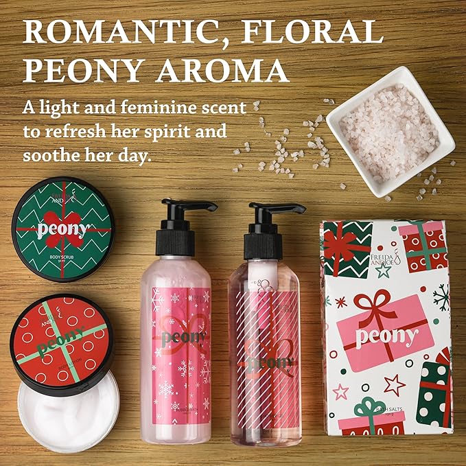 Freida & Joe Peony Spa Gift Set Bath & Body Gift Basket for Women & Men | Shower Gel, Body Lotion, Body Scrub, Bath Salt | Relaxing Self Care Gift