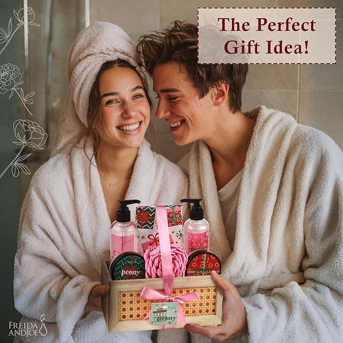 Freida & Joe Peony Spa Gift Set Bath & Body Gift Basket for Women & Men | Shower Gel, Body Lotion, Body Scrub, Bath Salt | Relaxing Self Care Gift